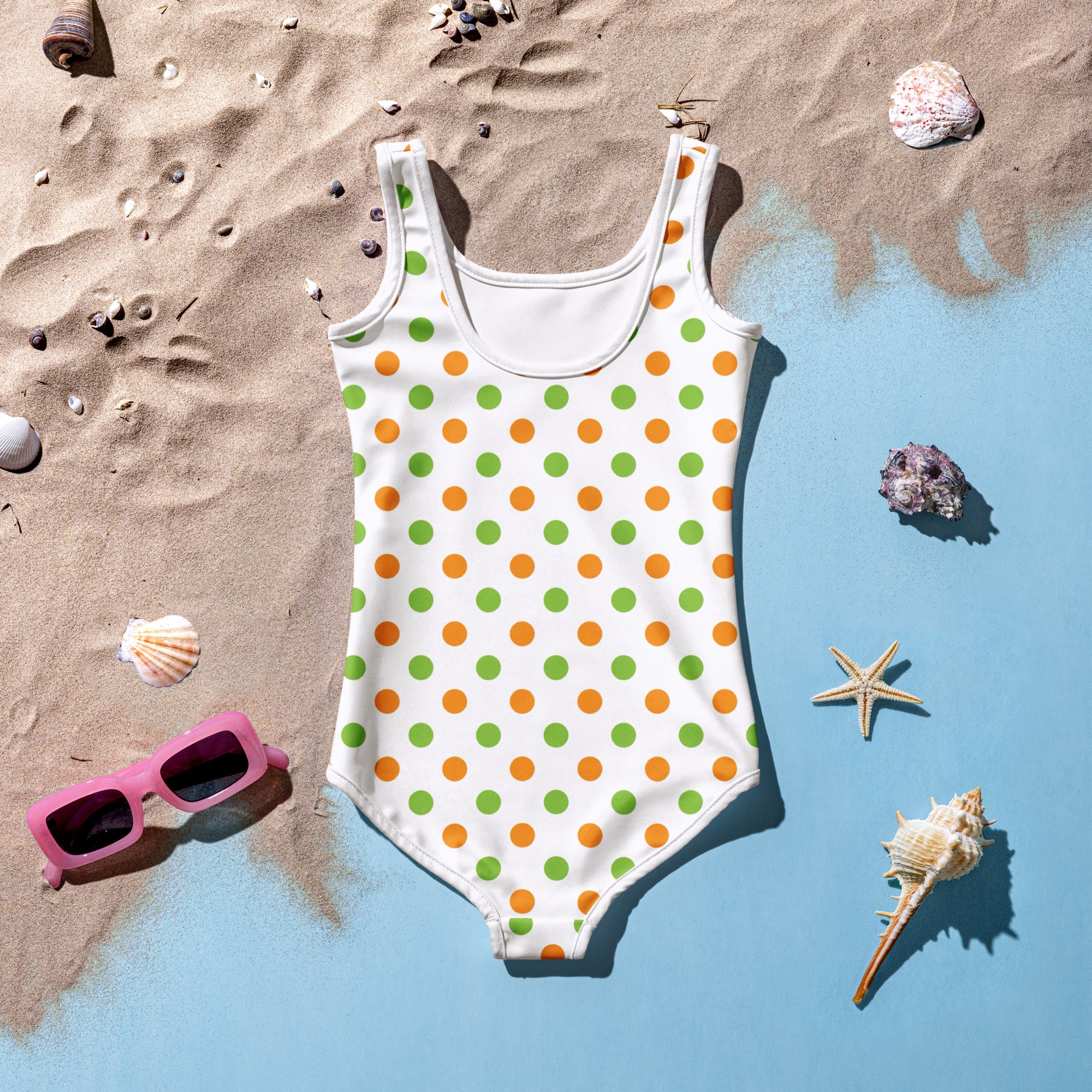 Girls Orange & Green Polka Dot Halloween One Piece Swimsuit – Buttery Soft UPF 50+ Sun Protection, Quick Dry, Double Layered Front & 4-Way Stretch