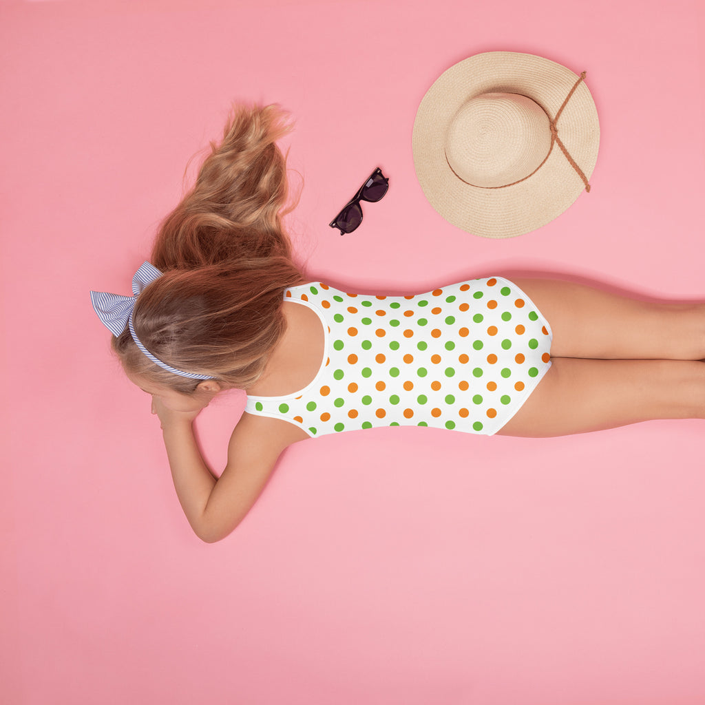 Girls Orange & Green Polka Dot Halloween One Piece Swimsuit – Buttery Soft UPF 50+ Sun Protection, Quick Dry, Double Layered Front & 4-Way Stretch