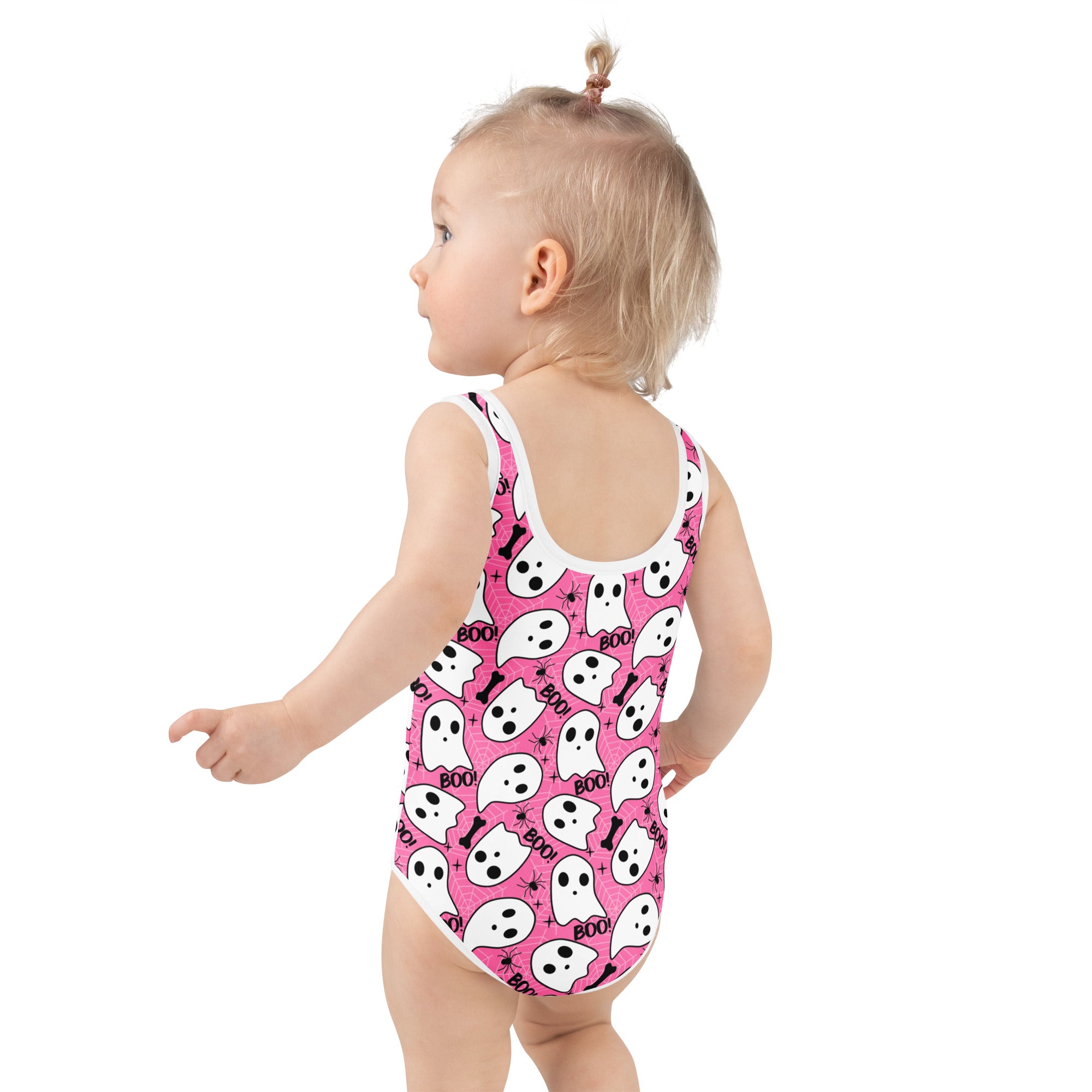 Girls Pink Ghost Halloween One Piece Swimsuit – Buttery Soft UPF 50+ Sun Protection, Quick Dry, Double Layered Front & 4-Way Stretch