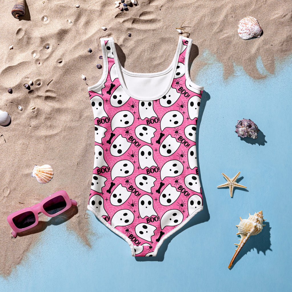 Girls Pink Ghost Halloween One Piece Swimsuit – Buttery Soft UPF 50+ Sun Protection, Quick Dry, Double Layered Front & 4-Way Stretch