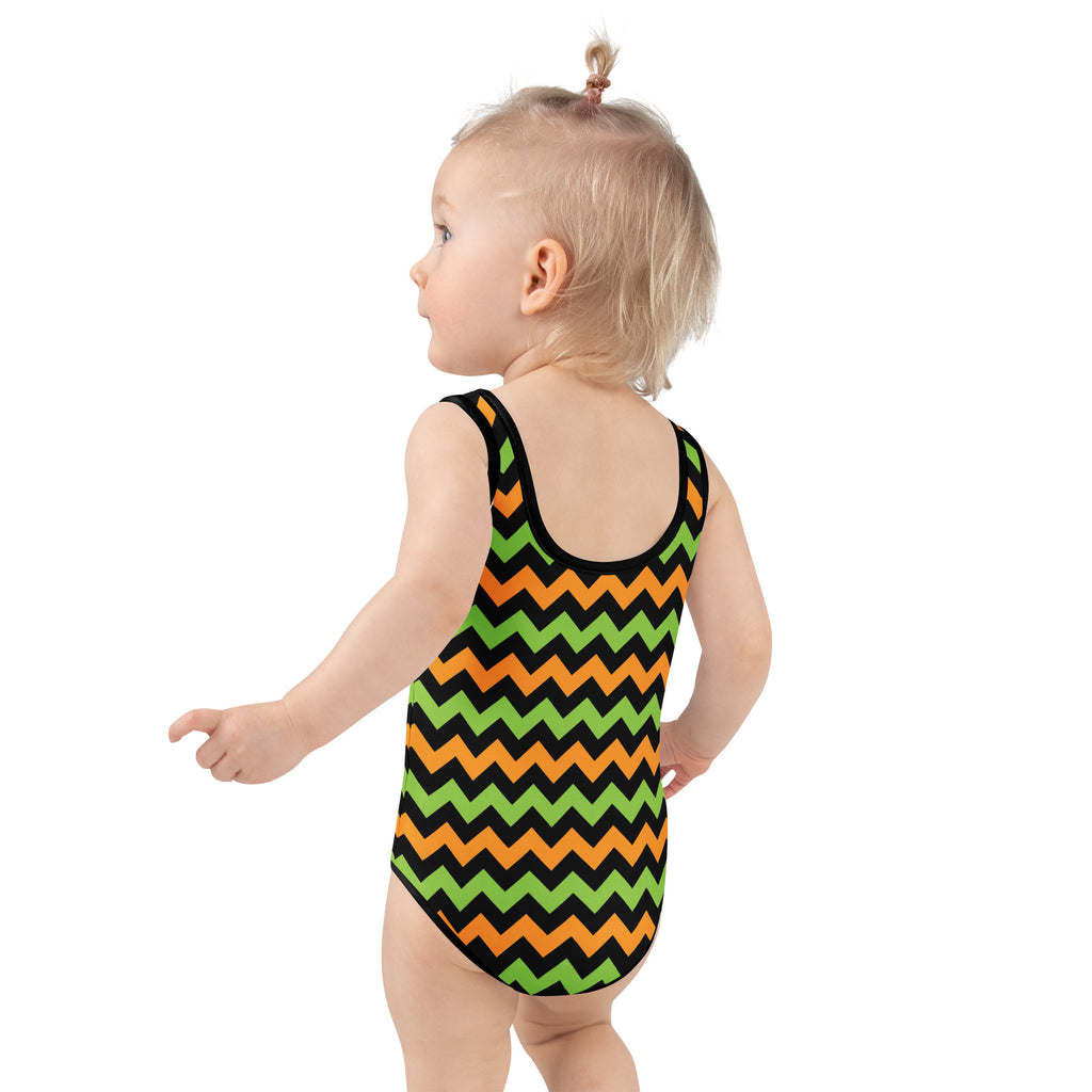 Girls Orange & Green Chevron Halloween One Piece Swimsuit – Buttery Soft UPF 50+ Sun Protection, Quick Dry, Double Layered Front & 4-Way Stretch