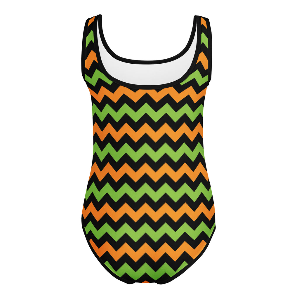 Girls Orange & Green Chevron Halloween Leotard – Buttery-Soft, Quick-Dry 4-Way Stretch Comfort for Dance & Gymnastics