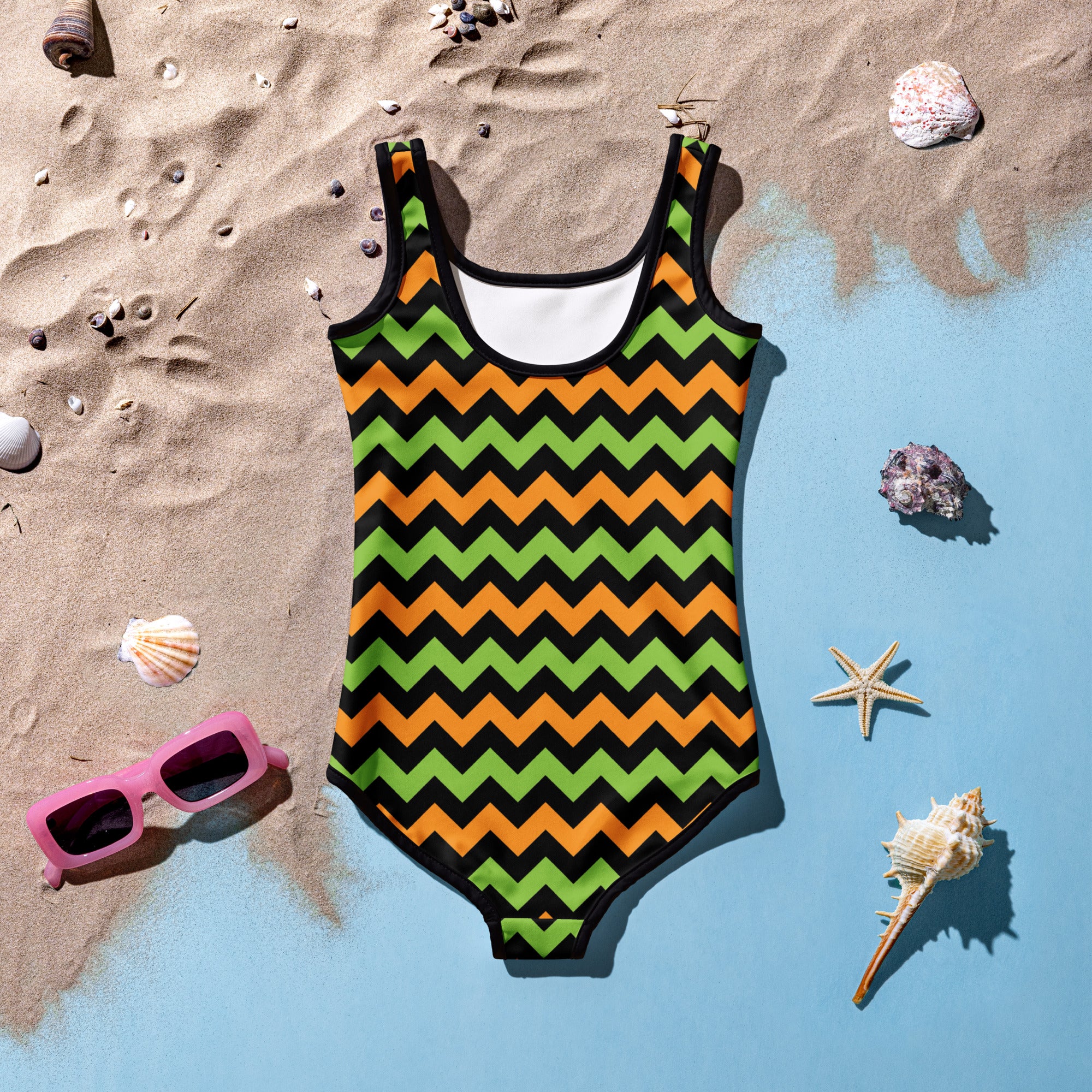 Girls Orange & Green Chevron Halloween One Piece Swimsuit – Buttery Soft UPF 50+ Sun Protection, Quick Dry, Double Layered Front & 4-Way Stretch