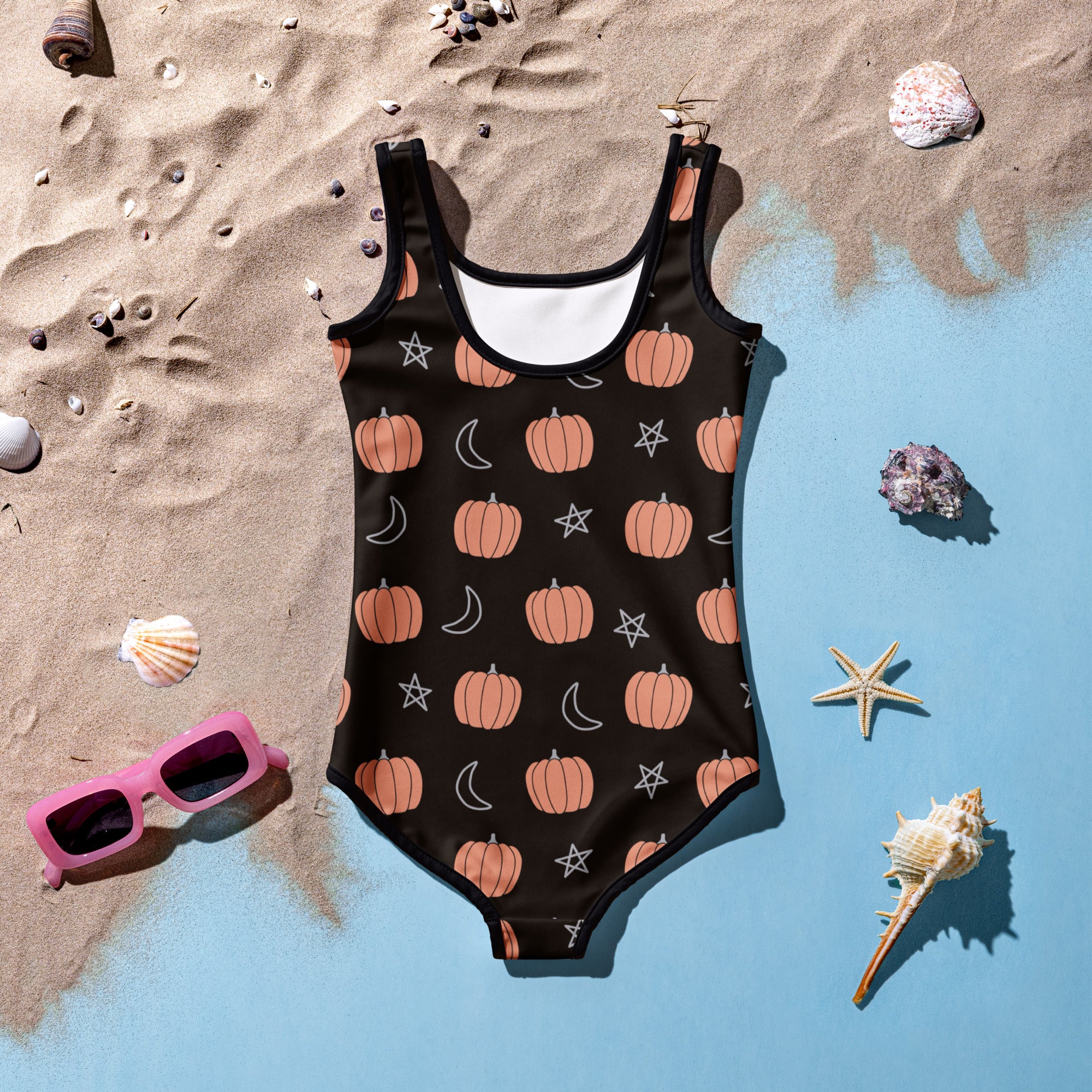 Girls Pumpkin Moon & Stars Halloween One Piece Swimsuit – Buttery Soft UPF 50+ Sun Protection, Quick Dry, Double Layered Front & 4-Way Stretch