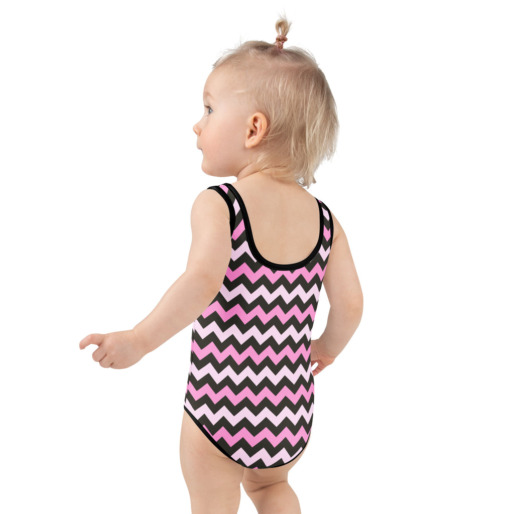 Girls Pink Black Chevron One Piece Swimsuit – Buttery Soft UPF 50+ Sun Protection, Quick Dry, Double Layered Front & 4-Way Stretch