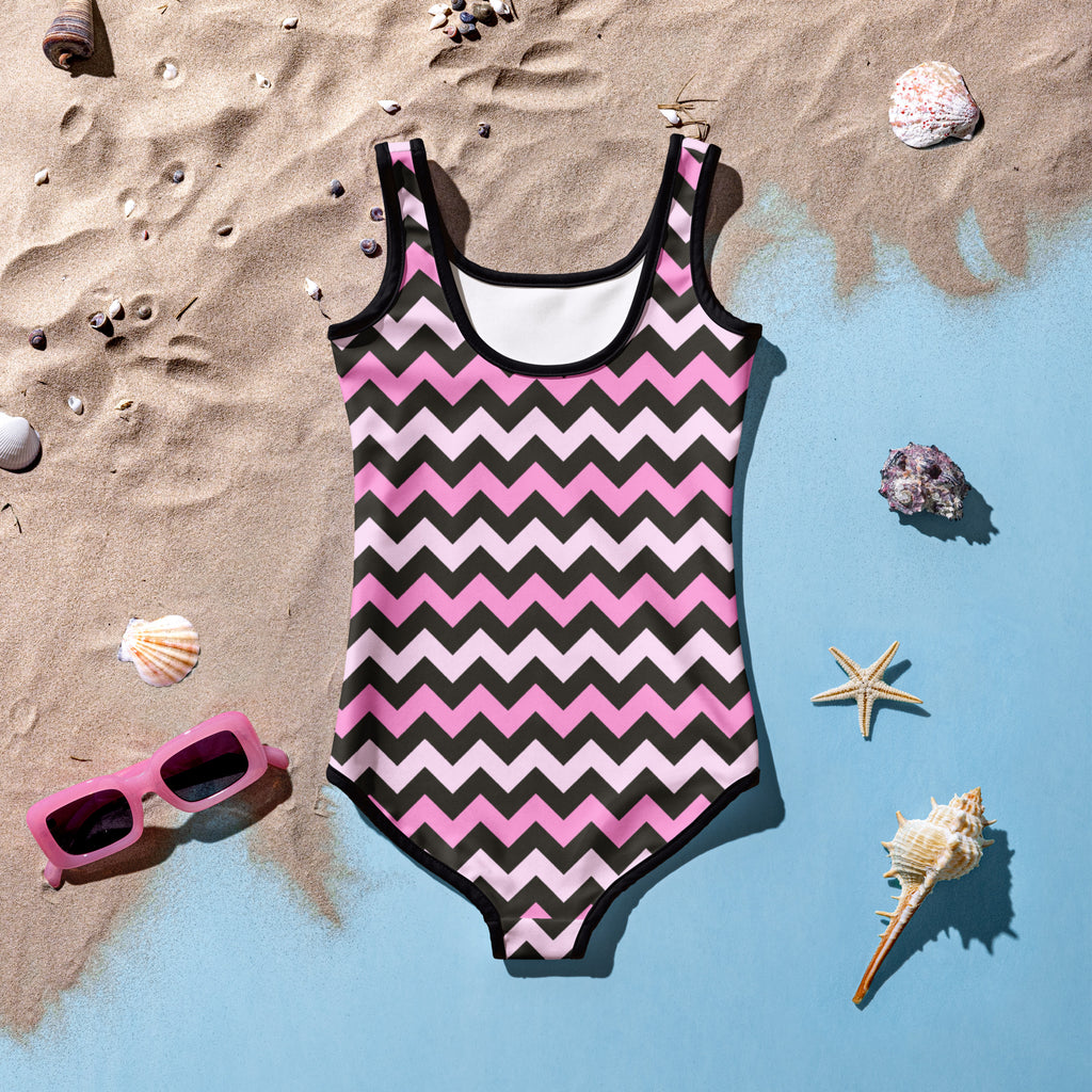 Girls Pink Black Chevron One Piece Swimsuit – Buttery Soft UPF 50+ Sun Protection, Quick Dry, Double Layered Front & 4-Way Stretch