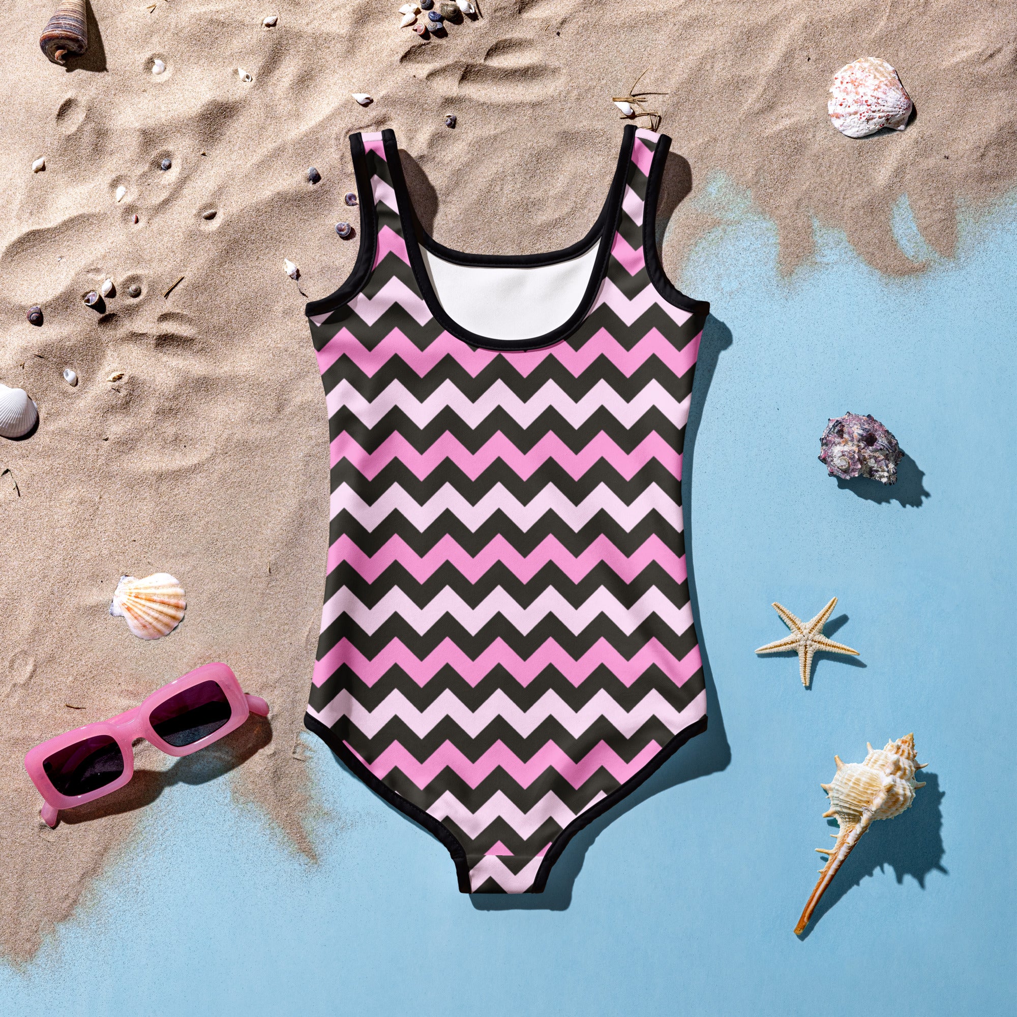 Girls Pink Black Chevron One Piece Swimsuit – Buttery Soft UPF 50+ Sun Protection, Quick Dry, Double Layered Front & 4-Way Stretch