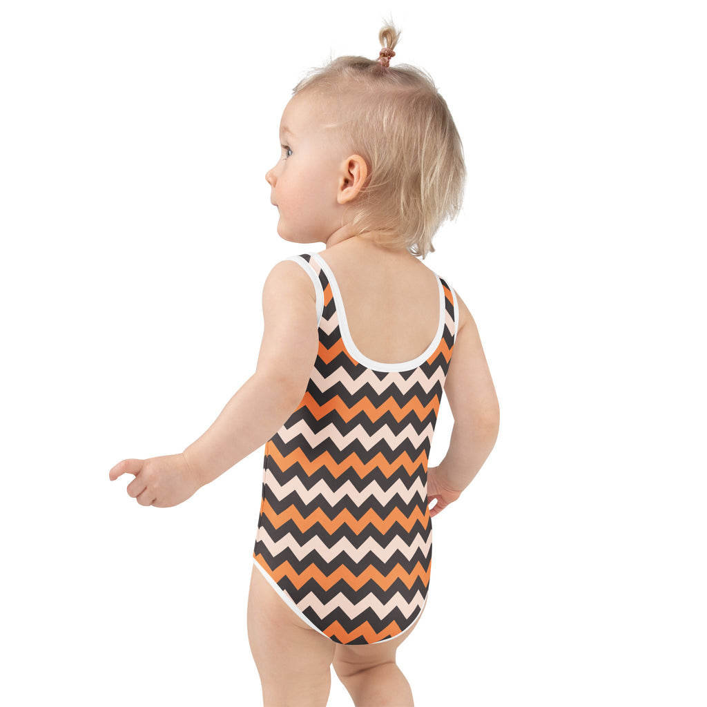 Girls Orange Black Chevron One Piece Swimsuit – Buttery Soft UPF 50+ Sun Protection, Quick Dry, Double Layered Front & 4-Way Stretch