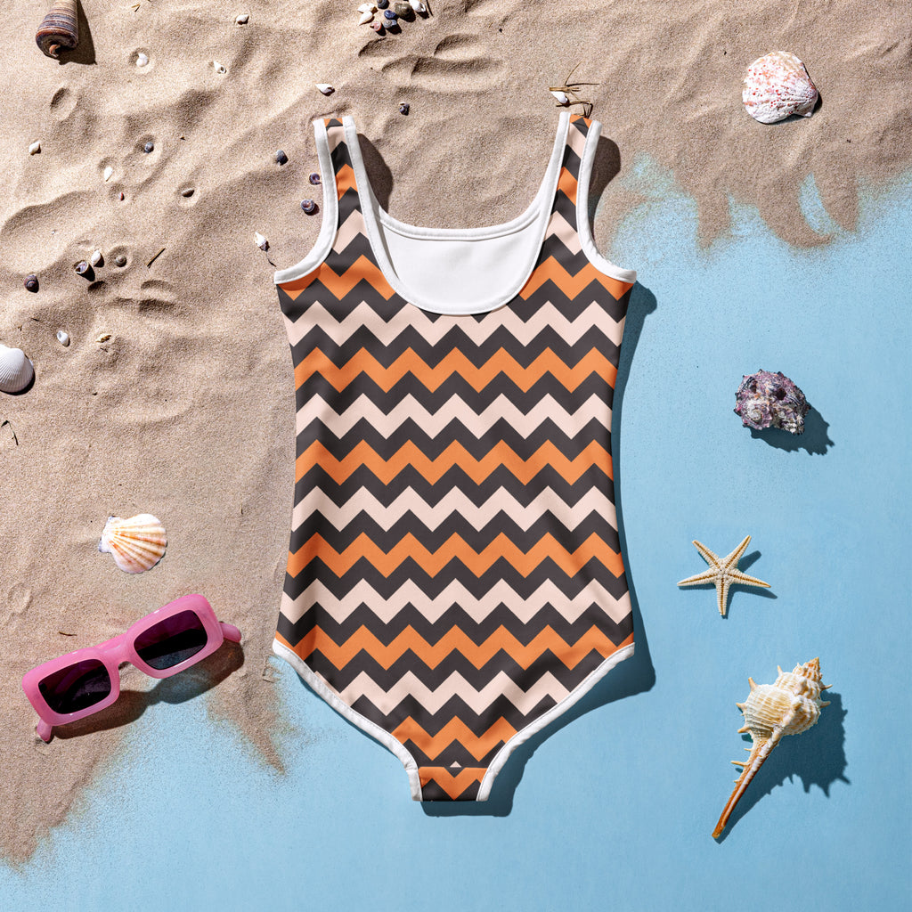 Girls Orange Black Chevron One Piece Swimsuit – Buttery Soft UPF 50+ Sun Protection, Quick Dry, Double Layered Front & 4-Way Stretch