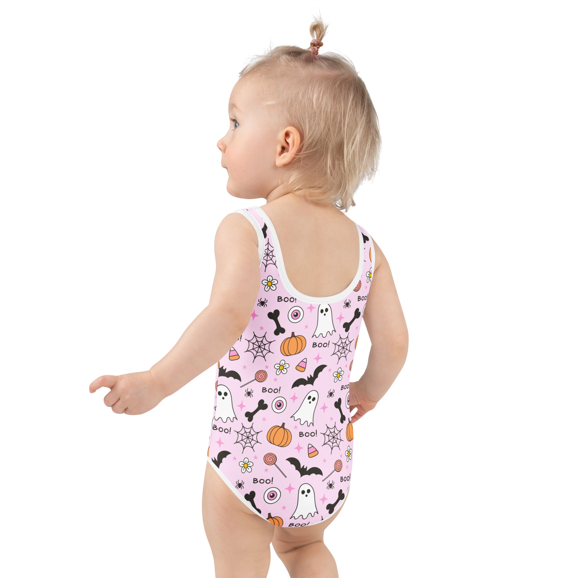Girls Pink Cute Halloween One Piece Swimsuit – Buttery Soft UPF 50+ Sun Protection, Quick Dry, Double Layered Front & 4-Way Stretch