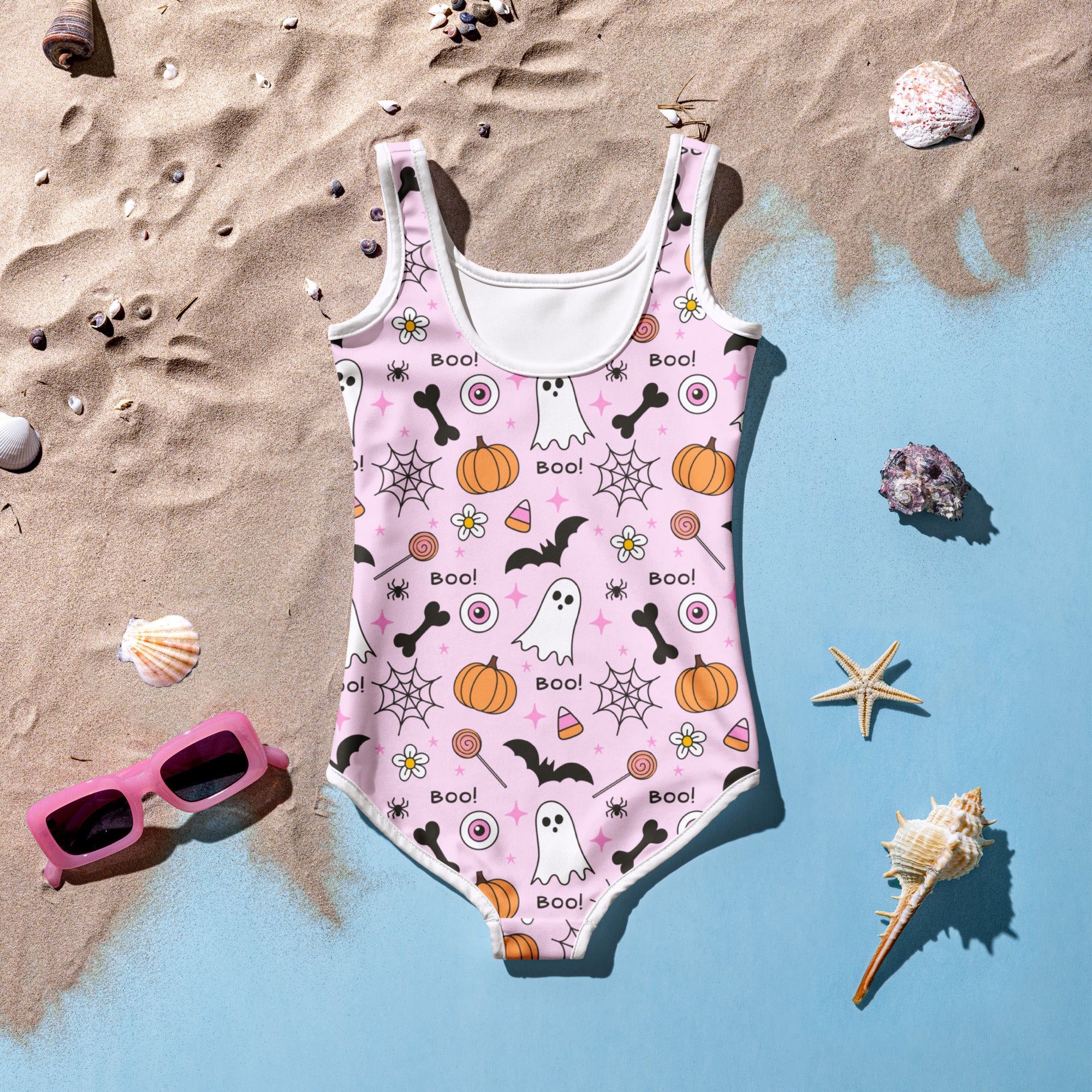 Girls Pink Cute Halloween One Piece Swimsuit – Buttery Soft UPF 50+ Sun Protection, Quick Dry, Double Layered Front & 4-Way Stretch