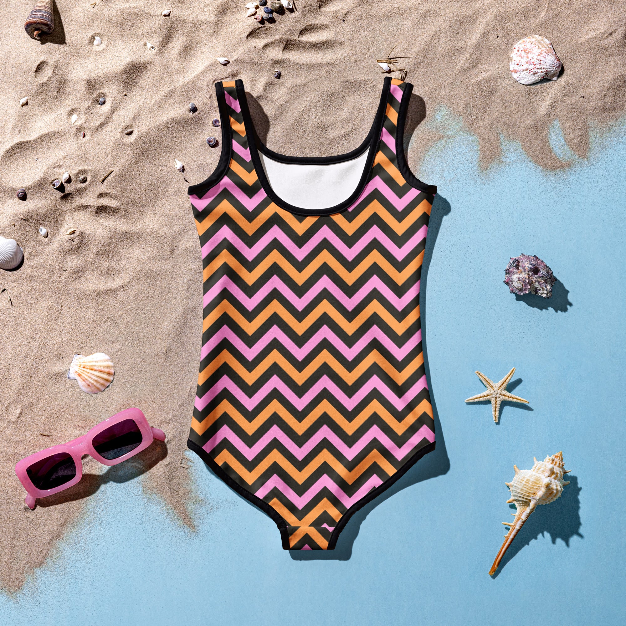 Girls Pink Orange Chevron Halloween One Piece Swimsuit – Buttery Soft UPF 50+ Sun Protection, Quick Dry, Double Layered Front & 4-Way Stretch