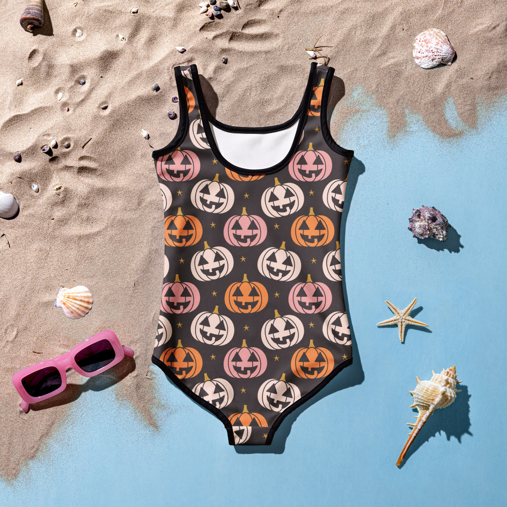 Girls Jack O Lantern Halloween One Piece Swimsuit – Buttery Soft UPF 50+ Sun Protection, Quick Dry, Double Layered Front & 4-Way Stretch