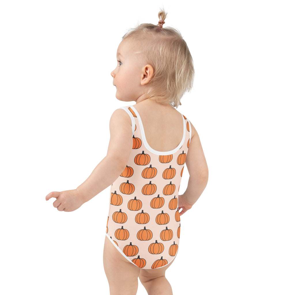 Girls Cute Orange Pumpkin One Piece Swimsuit – Buttery Soft UPF 50+ Sun Protection, Quick Dry, Double Layered Front & 4-Way Stretch