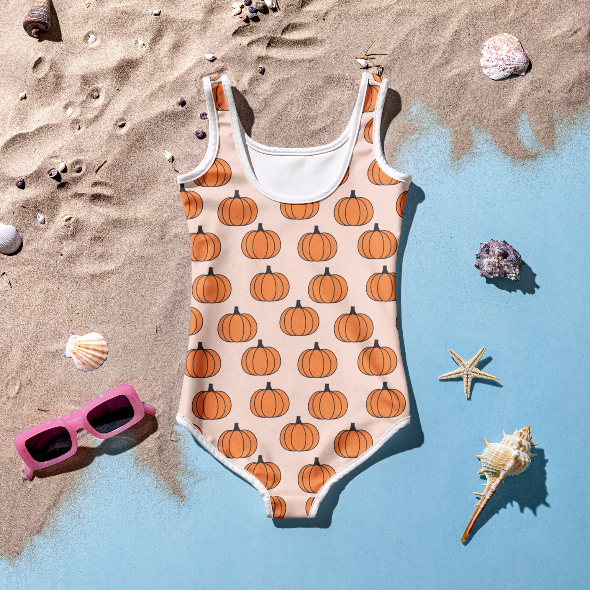 Girls Cute Orange Pumpkin One Piece Swimsuit – Buttery Soft UPF 50+ Sun Protection, Quick Dry, Double Layered Front & 4-Way Stretch