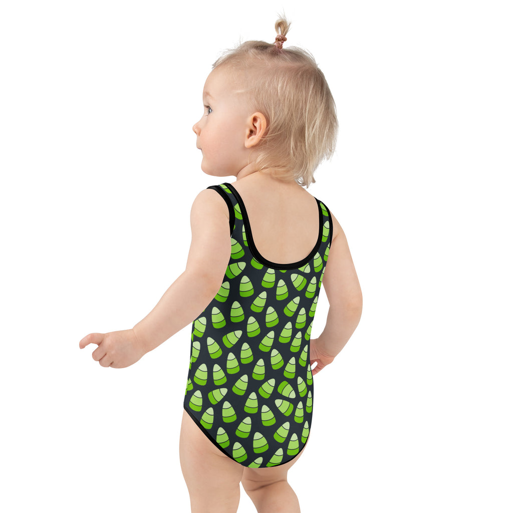 Girls Green Candy Corn Halloween One Piece Swimsuit – Buttery Soft UPF 50+ Sun Protection, Quick Dry, Double Layered Front & 4-Way Stretch
