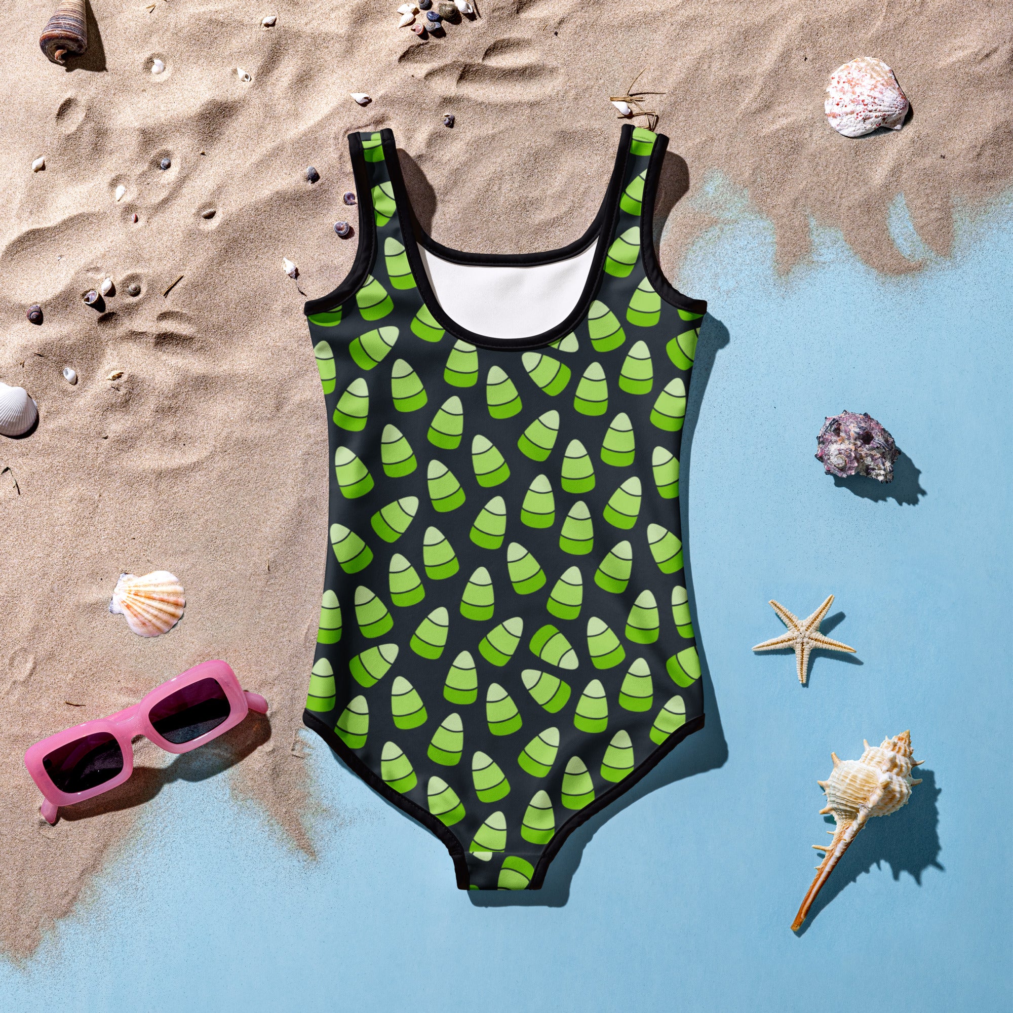 Girls Green Candy Corn Halloween One Piece Swimsuit – Buttery Soft UPF 50+ Sun Protection, Quick Dry, Double Layered Front & 4-Way Stretch