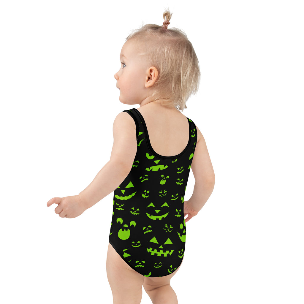 Girls Neon Green Jack O Lantern Halloween One Piece Swimsuit – Buttery Soft UPF 50+ Sun Protection, Quick Dry, Double Layered Front & 4-Way Stretch
