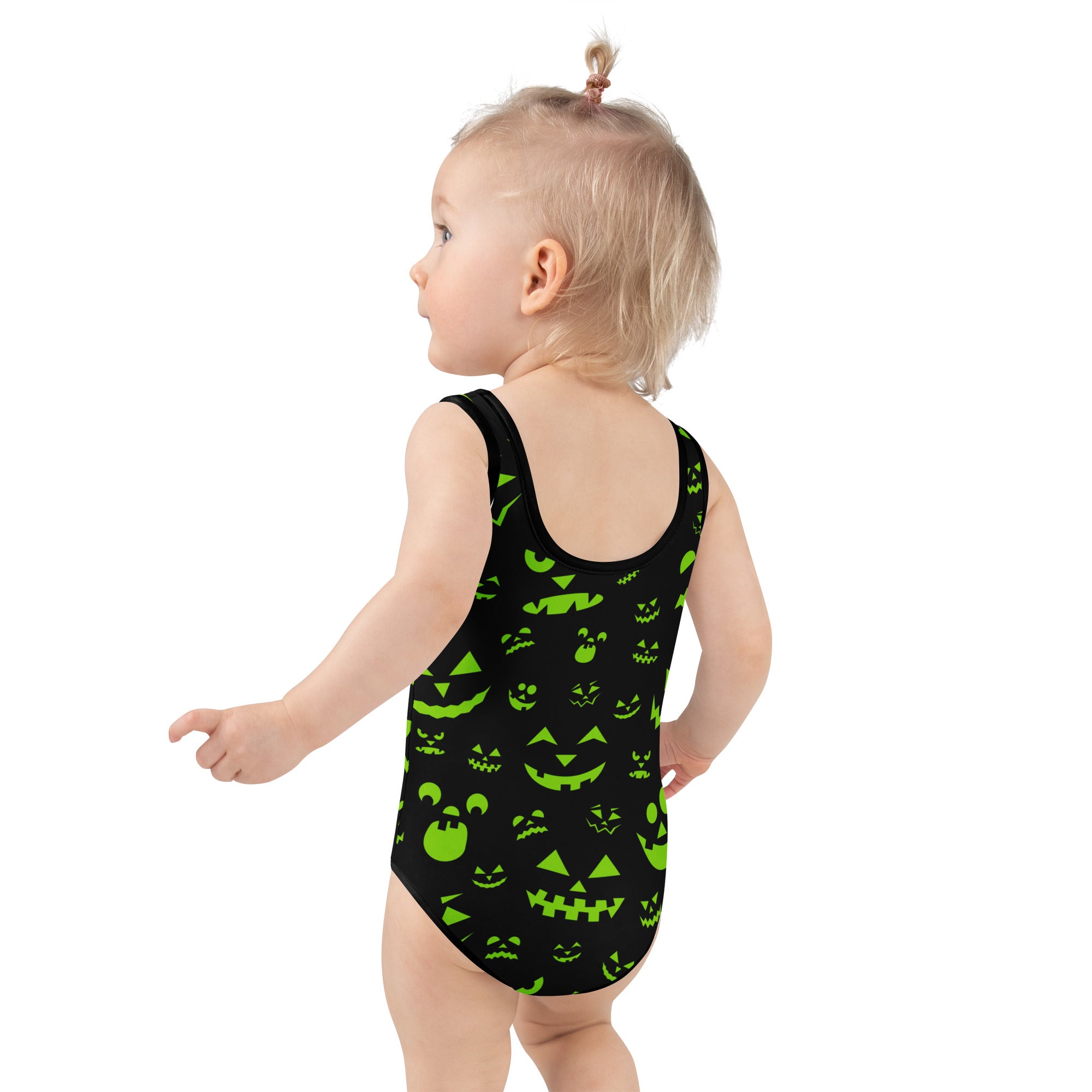 Girls Neon Green Jack O Lantern Halloween One Piece Swimsuit – Buttery Soft UPF 50+ Sun Protection, Quick Dry, Double Layered Front & 4-Way Stretch