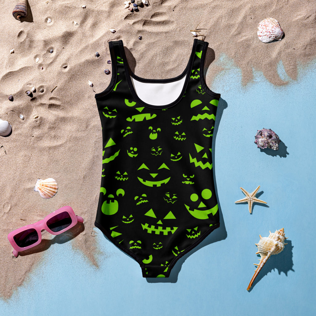 Girls Neon Green Jack O Lantern Halloween One Piece Swimsuit – Buttery Soft UPF 50+ Sun Protection, Quick Dry, Double Layered Front & 4-Way Stretch
