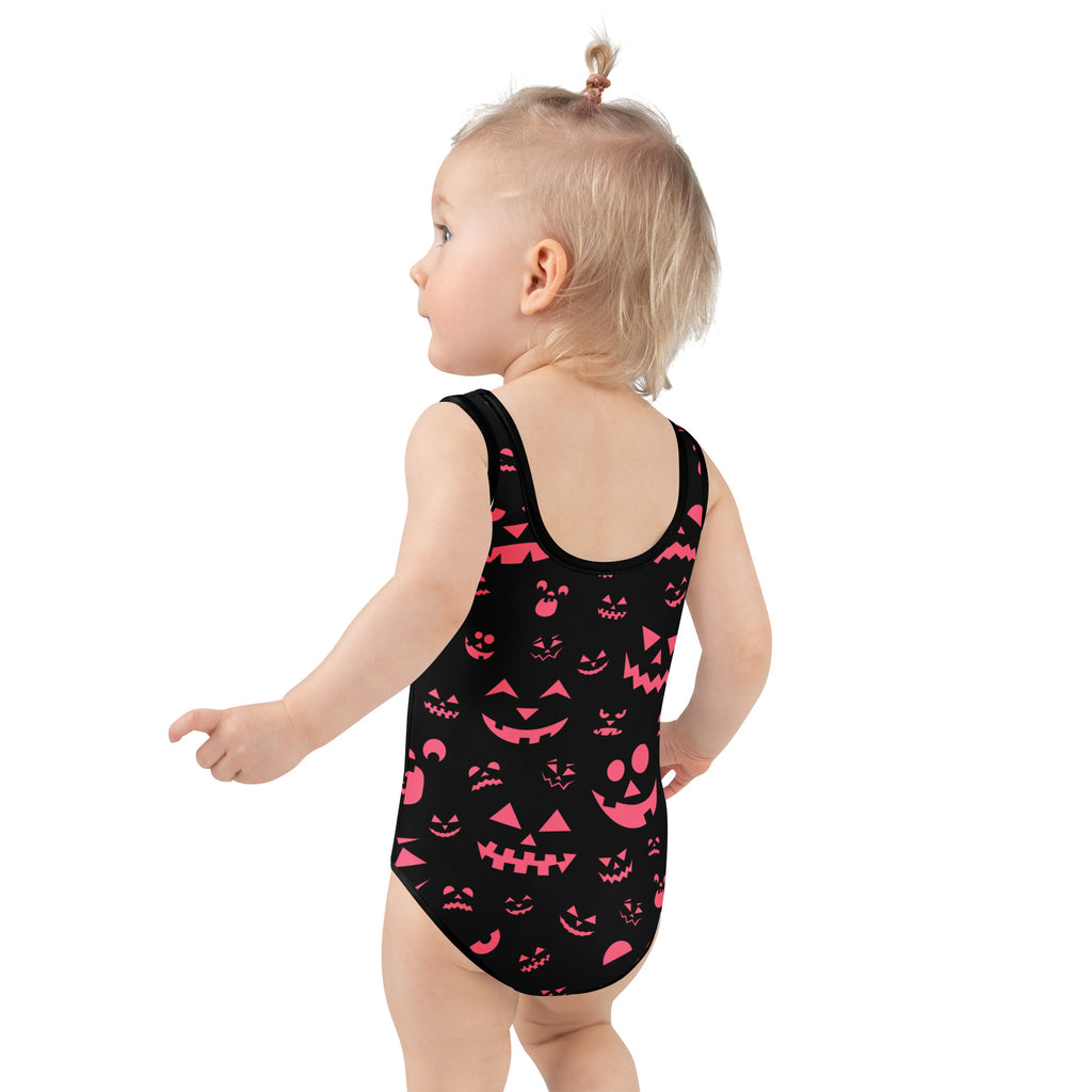 Girls Pink Jack O Lantern Halloween One Piece Swimsuit – Buttery Soft UPF 50+ Sun Protection, Quick Dry, Double Layered Front & 4-Way Stretch