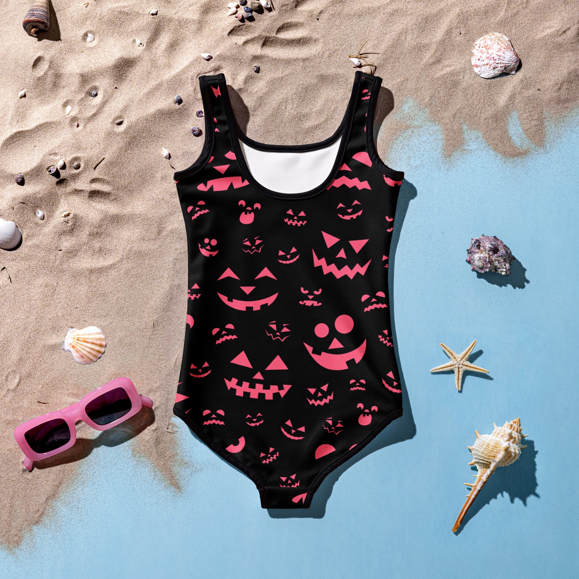 Girls Pink Jack O Lantern Halloween One Piece Swimsuit – Buttery Soft UPF 50+ Sun Protection, Quick Dry, Double Layered Front & 4-Way Stretch
