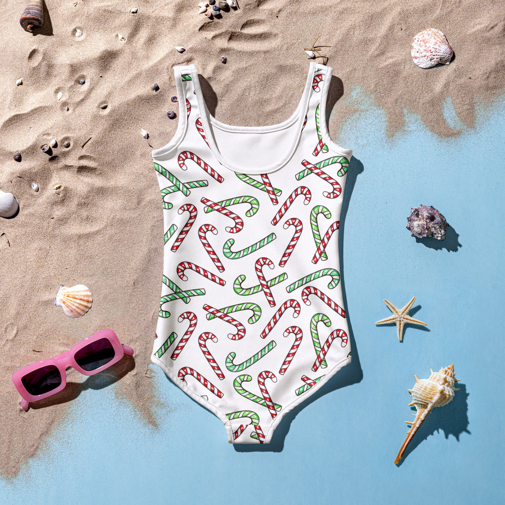 Girls Red & Green Candy Cane Custom Age It's My Birthday One Piece Christmas Swimsuit – Buttery Soft UPF 50+ Sun Protection, Quick Dry, Double Layered Front & 4-Way Stretch