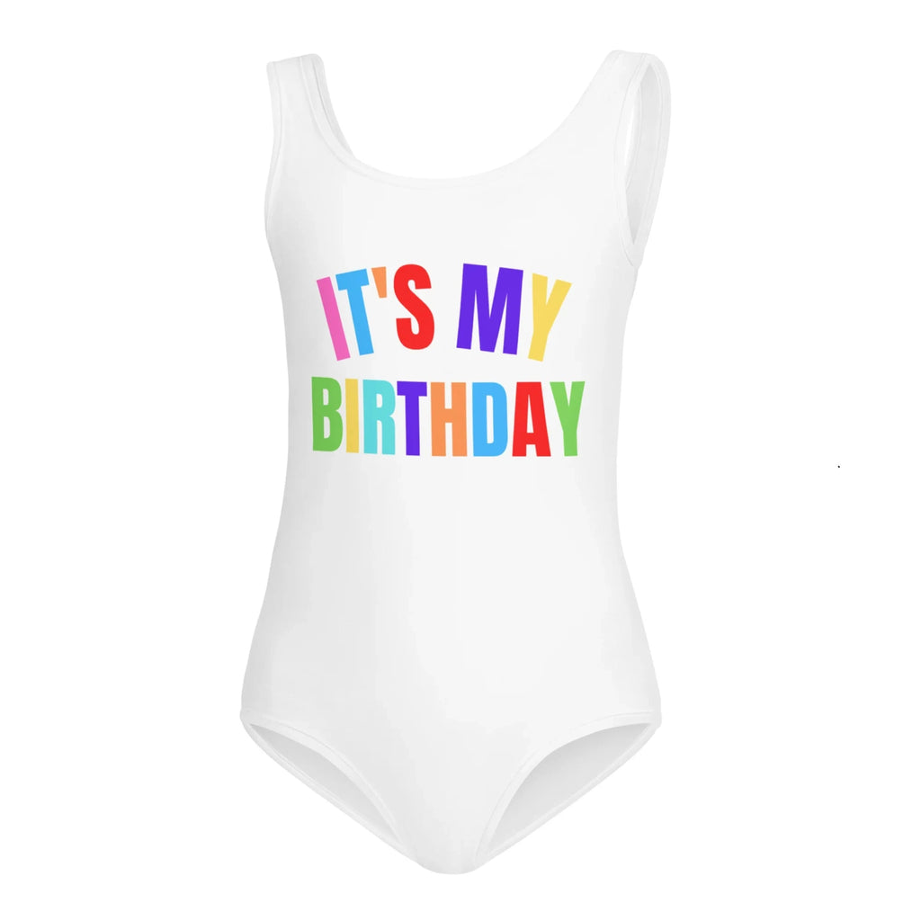 White girls buttery soft quick drying leotard with its my birthday rainbow print for dance and gymnastics