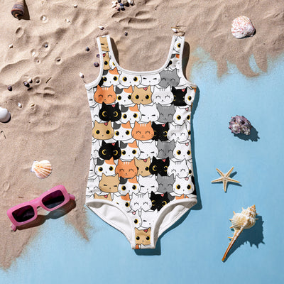 White girls cat face buttery soft one-piece swimsuit with cartoon cats pattern and UPF 50 plus sun protection