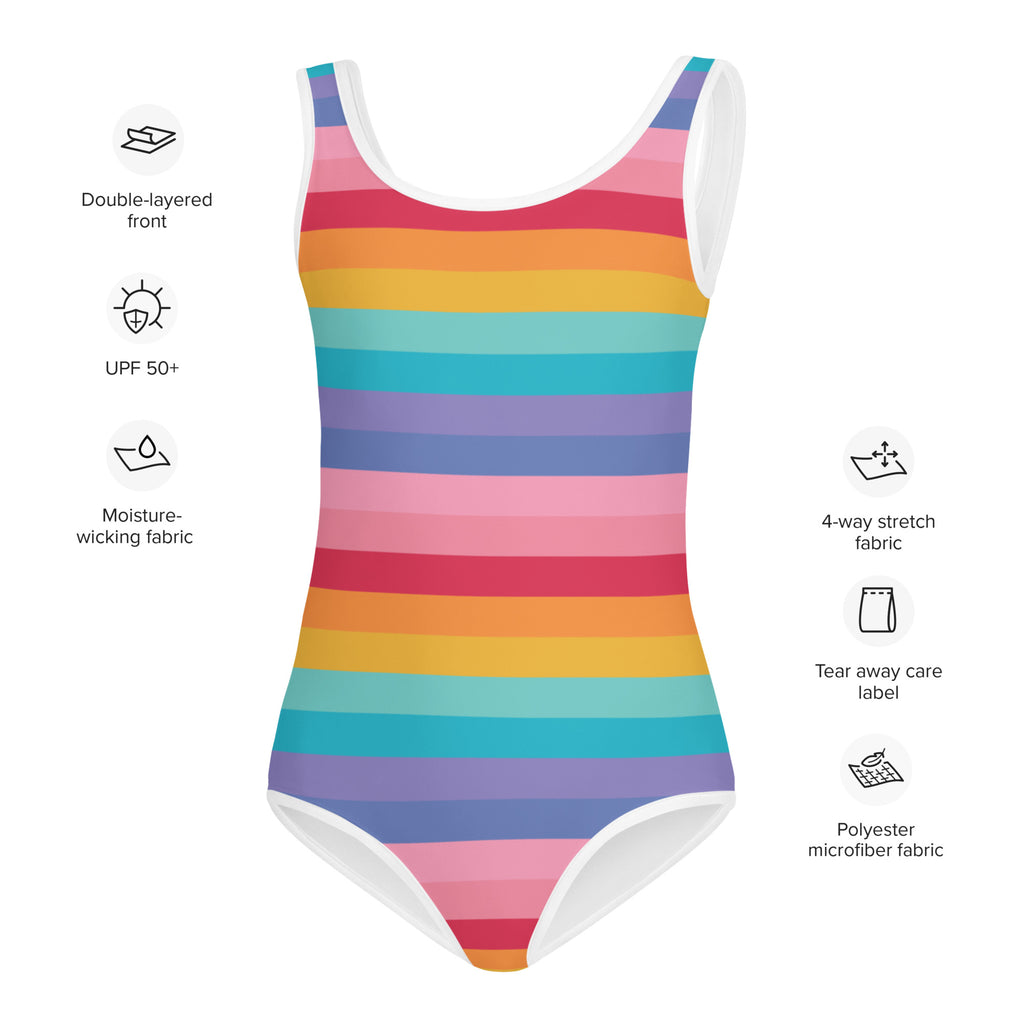Girls bright rainbow striped one-piece swimsuit with white trim made of buttery soft polyester microfiber fabric