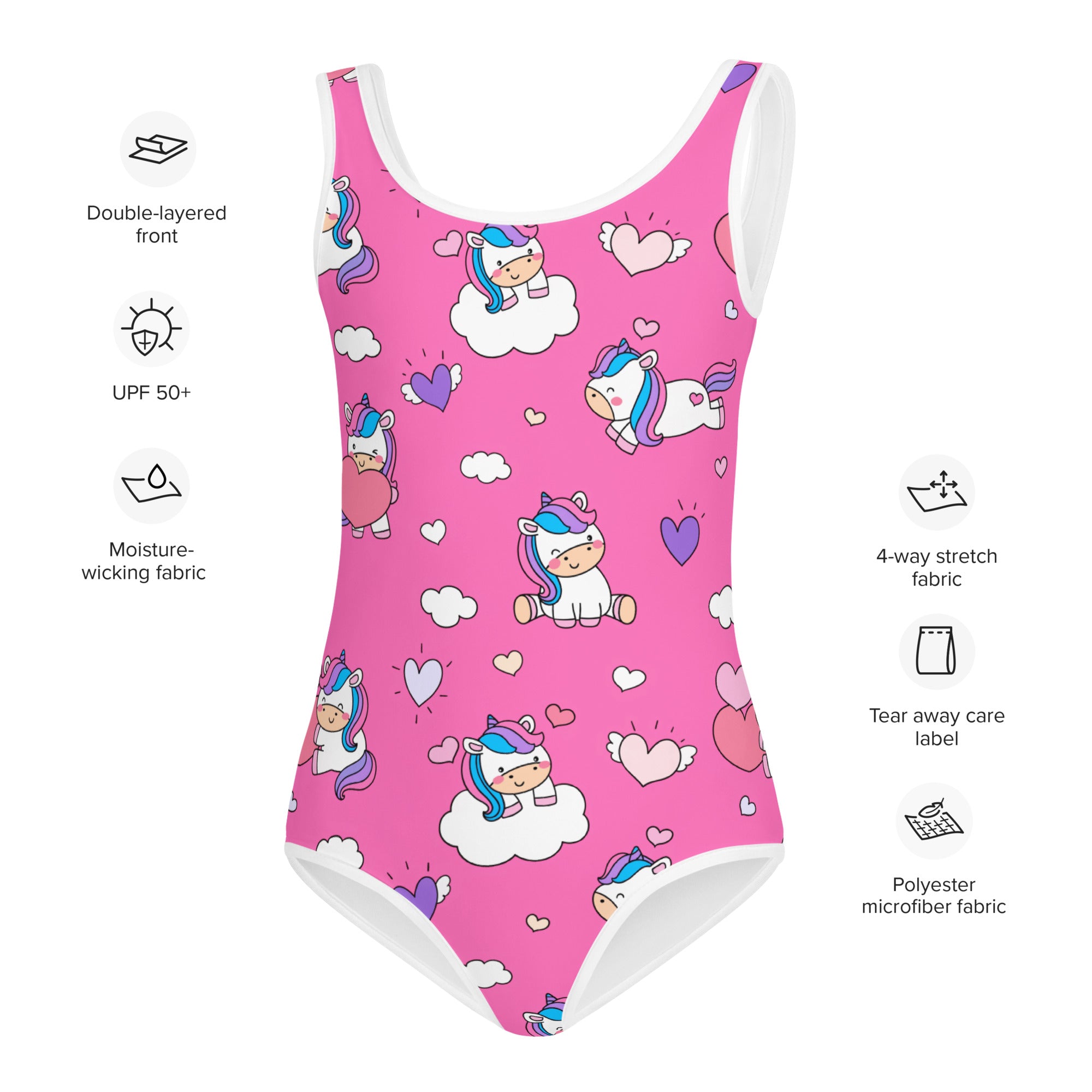 Pink girls one-piece swimsuit with playful unicorn and cloud pattern white trim buttery soft with upf 50+