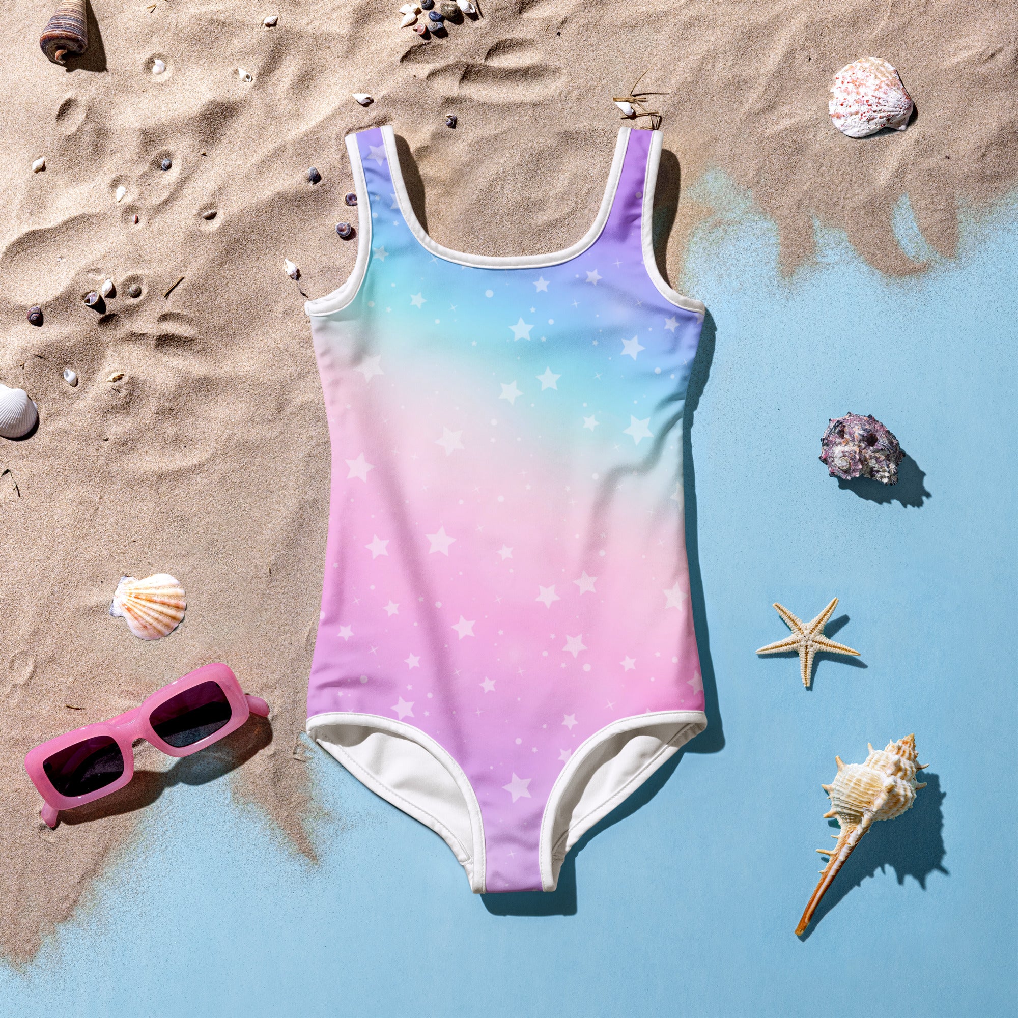 Girls Rainbow Stars Buttery Soft Swimsuit With UPF 50+