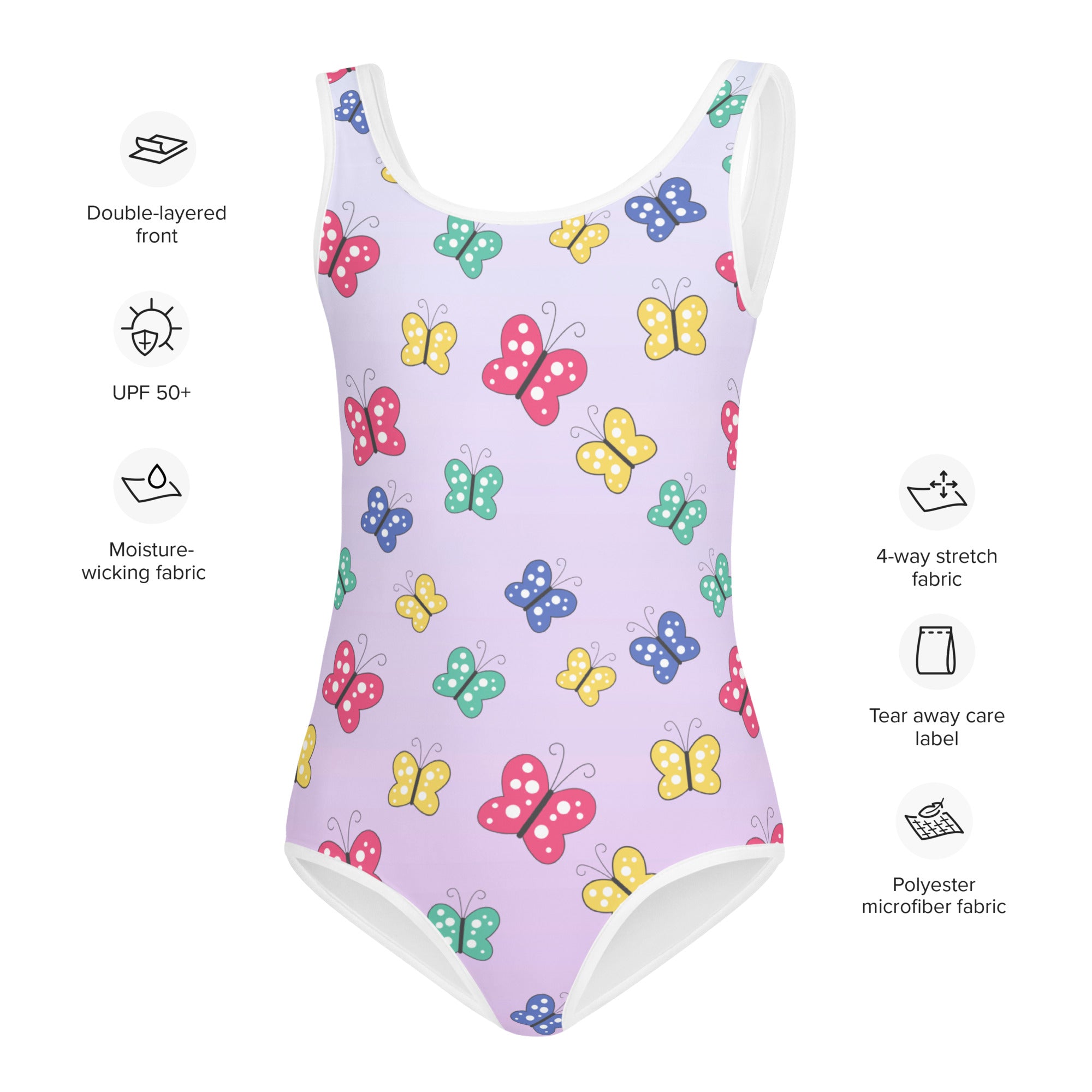 Girls colorful butterfly swimsuit with upf 50 plus in lavender featuring pink yellow blue and green butterfly pattern