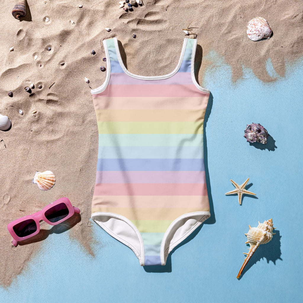 Girls pastel striped rainbow one-piece swimsuit with white trim buttery soft fabric and upf 50 plus protection
