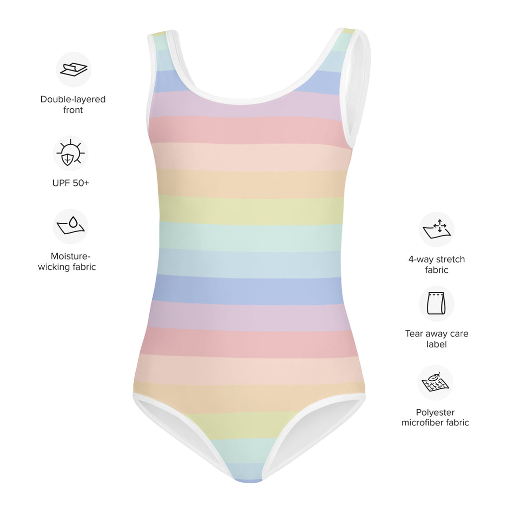 Girls pastel striped rainbow one-piece swimsuit with white trim buttery soft fabric and UPF 50+ sun protection