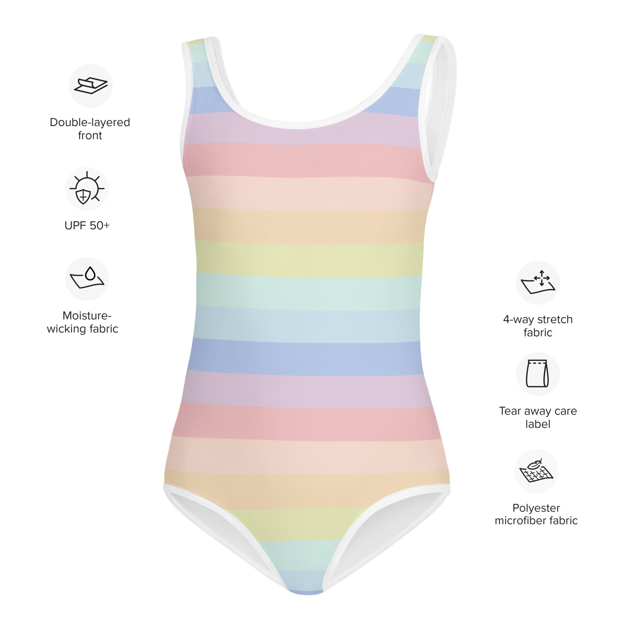 Girls pastel striped rainbow one-piece swimsuit with white trim buttery soft fabric and UPF 50+ sun protection