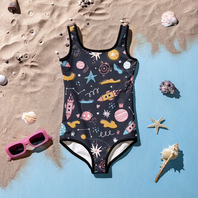 Black girls one-piece swimsuit with buttery soft fabric UPF 50 plus and pastel space-themed rockets and planets pattern