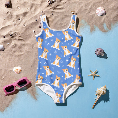 Girls corgi dog buttery soft blue swimsuit with UPF 50 plus featuring cartoon corgi pattern and white trim