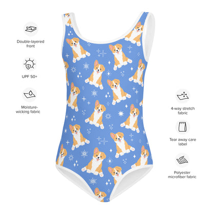 Girls Corgi Dog Buttery Soft Swimsuit With UPF 50+