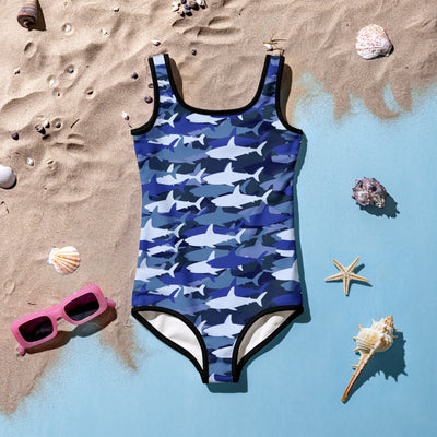 Girls blue and white shark camouflage buttery soft one-piece swimsuit with black trim and UPF 50 plus protection