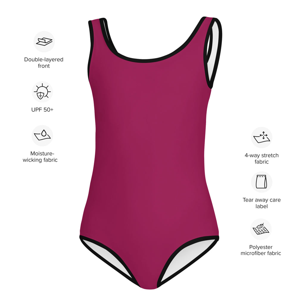 Girls berry color one-piece swimsuit in magenta with black trim and white lining made from polyester microfiber fabric with upf 50+