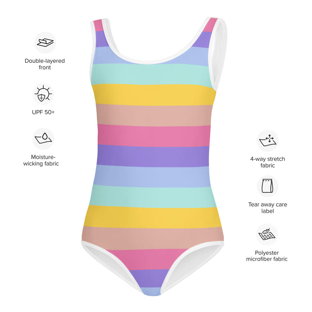 Girls colorful stripes buttery soft one-piece swimsuit with vibrant rainbow double-layered front and white trim and UPF 50+