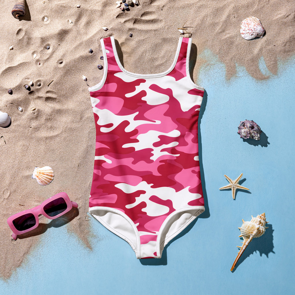 Girls pink camouflage buttery soft swimsuit with upf 50 plus featuring a square neckline and thin straps