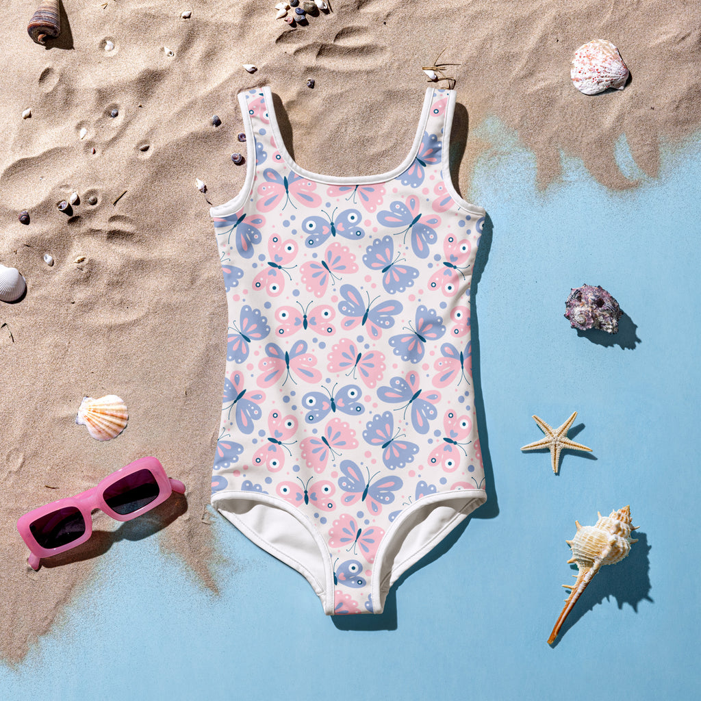 Girls butterfly pattern buttery soft one-piece swimsuit in pink and blue with white trim and UPF 50 plus protection