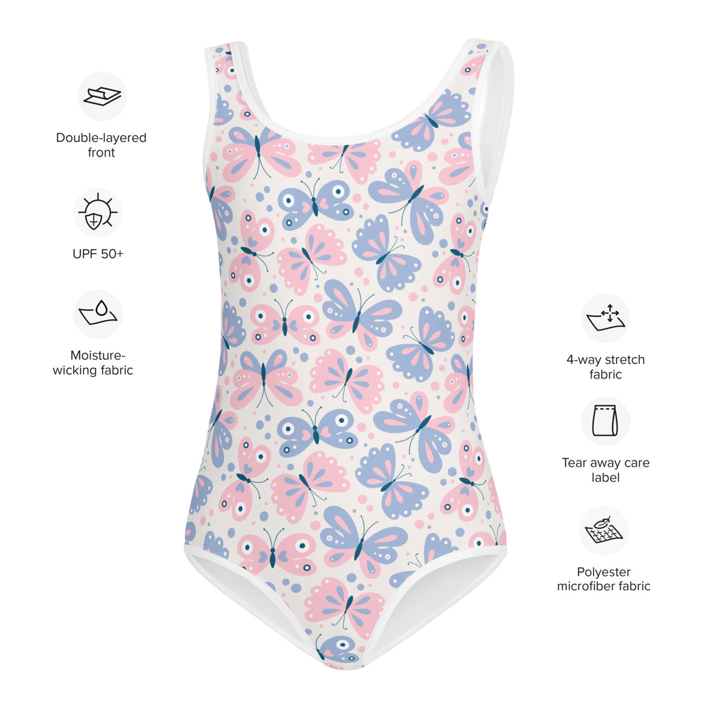 Girls butterfly pattern buttery soft one-piece swimsuit in pink and lavender with white trim and UPF 50 plus protection