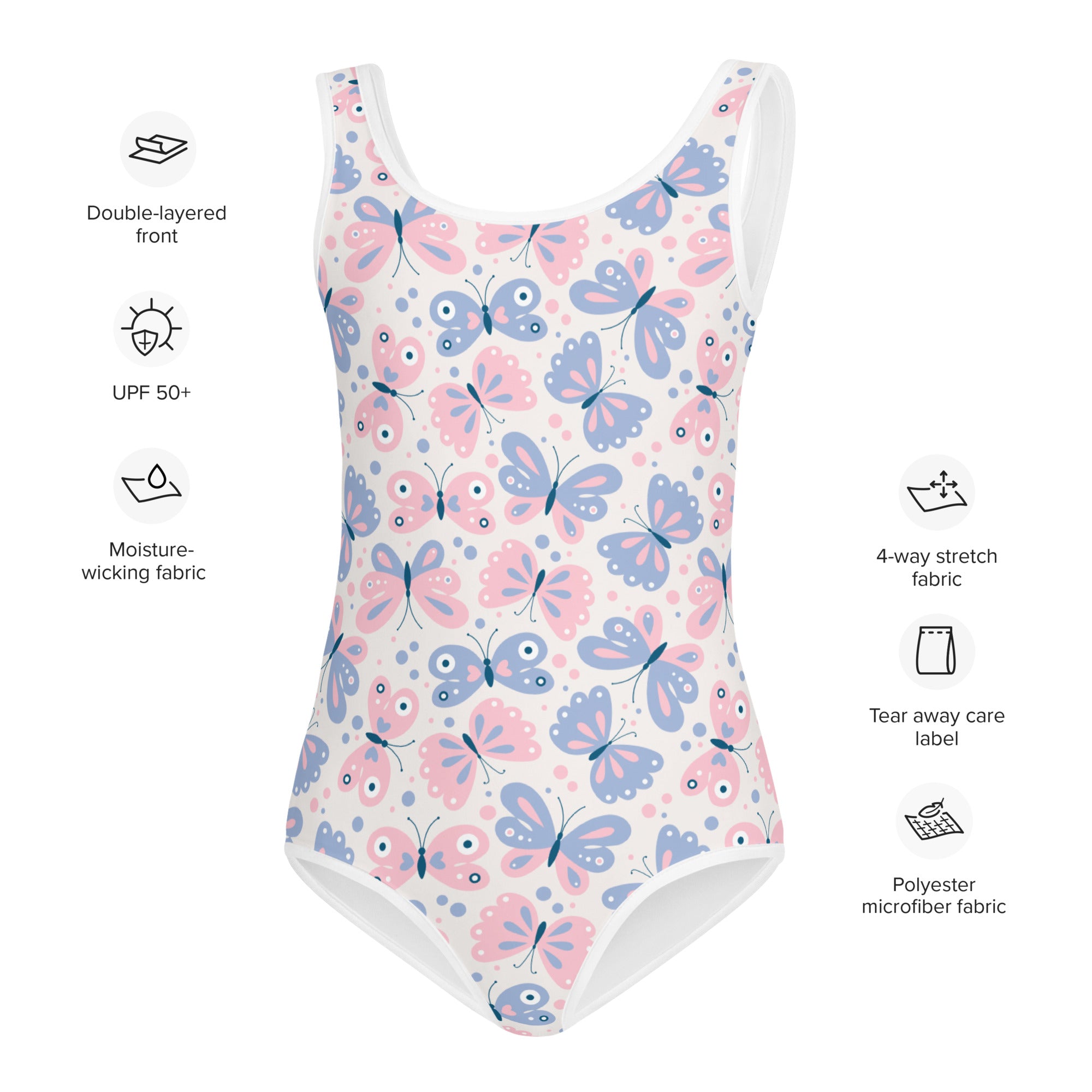 Girls butterfly pattern buttery soft one-piece swimsuit in pink and lavender with white trim and UPF 50 plus protection