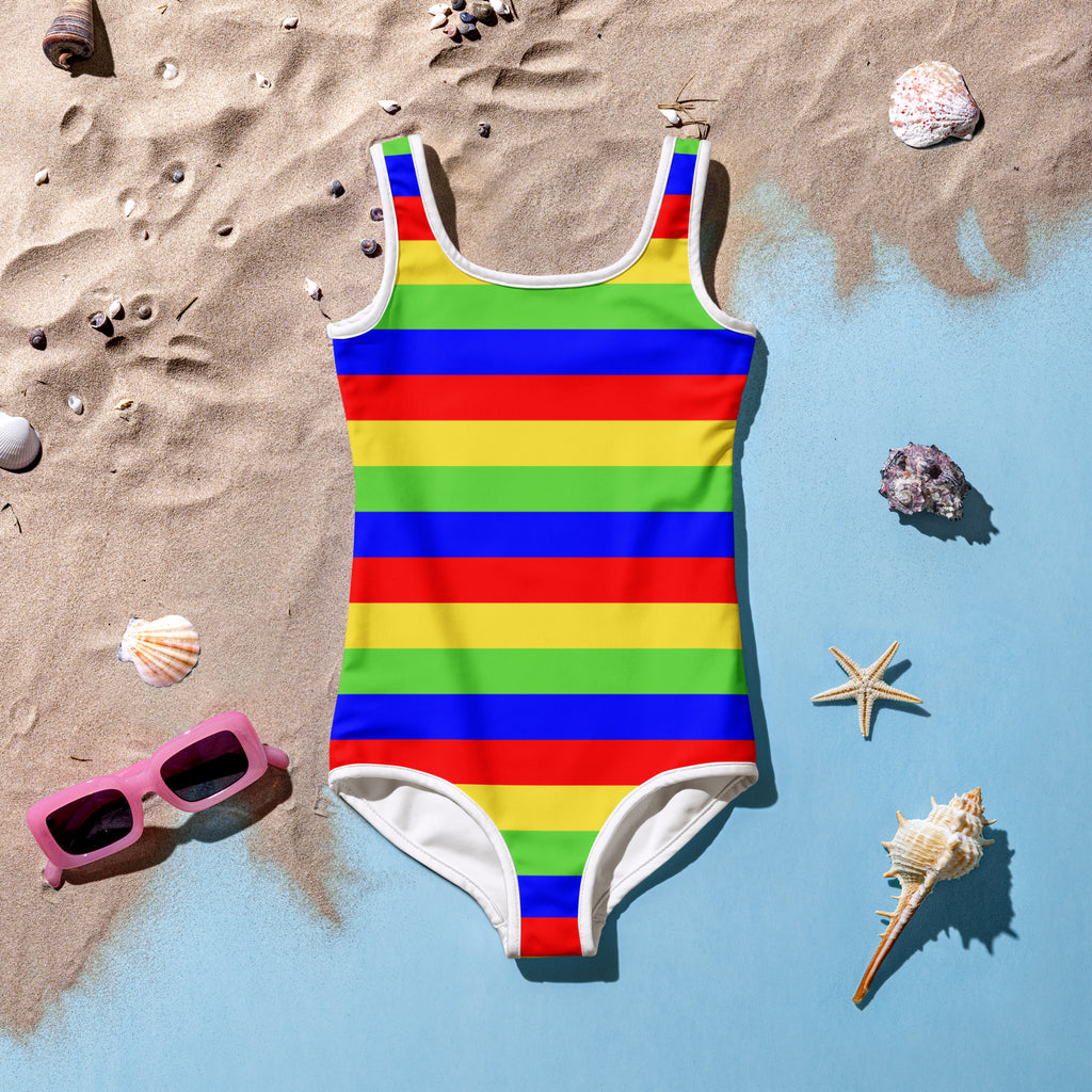 Girls bright stripes buttery soft one-piece swimsuit in vibrant rainbow colors with white trim and UPF 50 plus protection