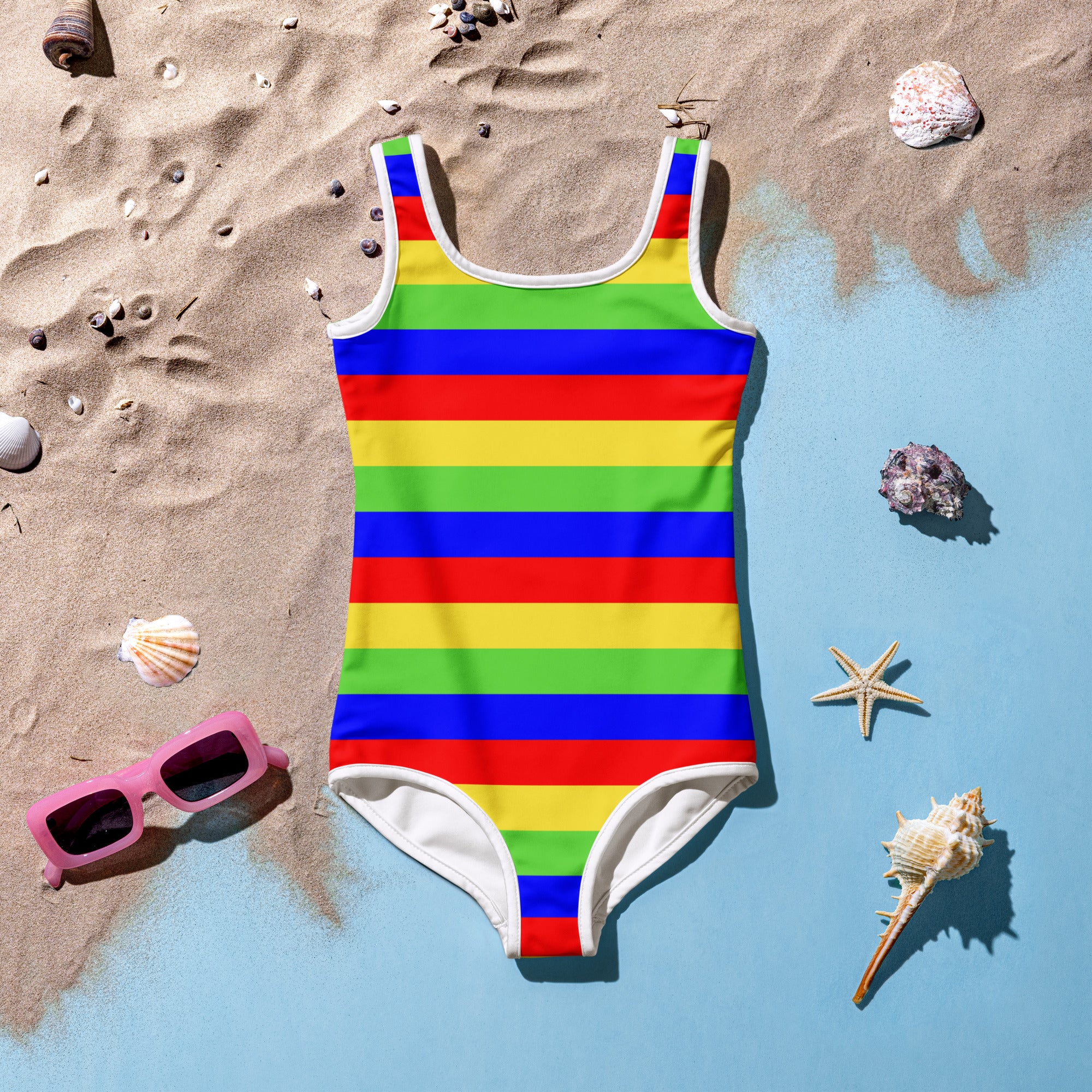 Girls bright stripes buttery soft one-piece swimsuit in vibrant rainbow colors with white trim and UPF 50 plus protection