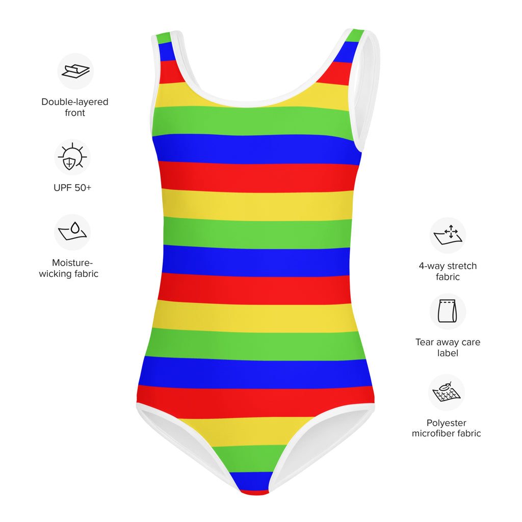 Girls bright stripes buttery soft swimsuit with upf 50 plus featuring a vibrant rainbow-striped design and white trim