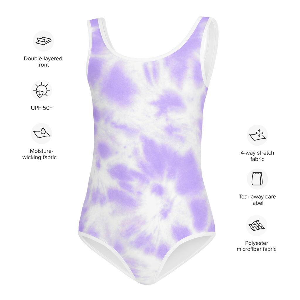 Girls faux purple tie dye one-piece swimsuit with buttery soft polyester microfiber fabric and double-layered front with UPF 50+